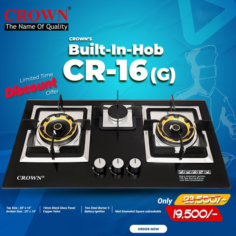 Crown CR-16G Built-In Gas Hob – 3 Burner Tempered Glass Cooktop with Auto Ignition for Modern Kitchens
