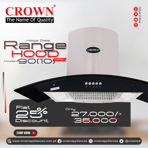 Crown 90(10) Kitchen Range Hood – 90cm Stainless Steel Chimney Hood with Powerful Suction & LED Lights