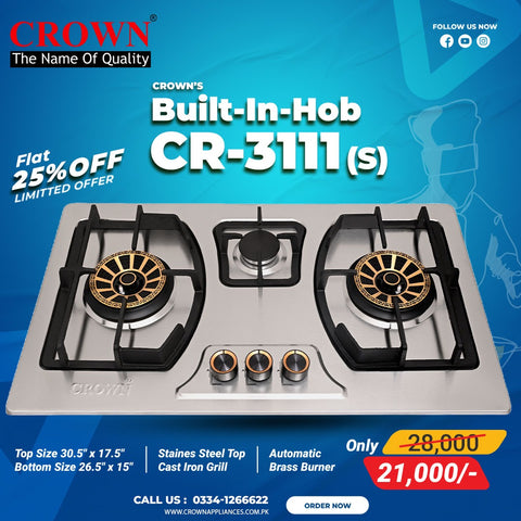 Crown CR-3111S Built-In Gas Hob – 3 Burner Stainless Steel Cooktop with Auto Ignition for Modern Kitchens