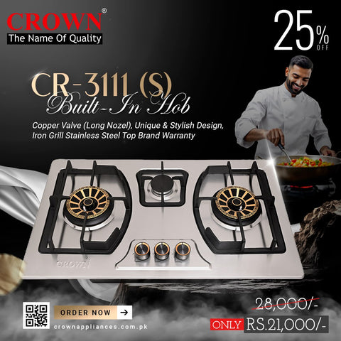 Crown CR-3111S Built-In Gas Hob – 3 Burner Stainless Steel Cooktop with Auto Ignition for Modern Kitchens