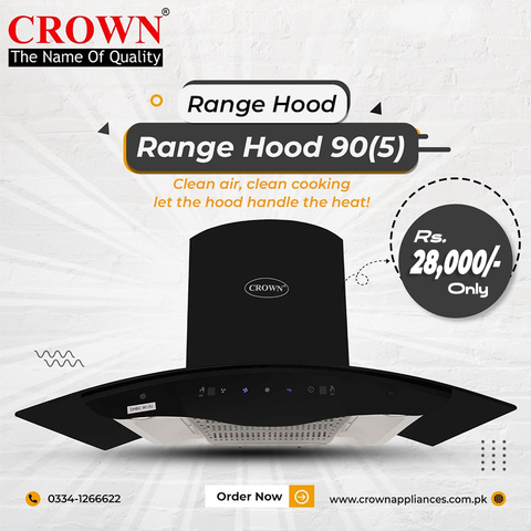Crown 90(5) Kitchen Range Hood – 90cm Stainless Steel Chimney Hood with High Suction Power & LED Lights