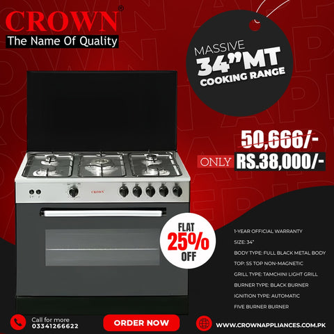 Crown 34-MT Cooking Range – 5 Burner Gas Stove with Oven & Grill for Modern Kitchens
