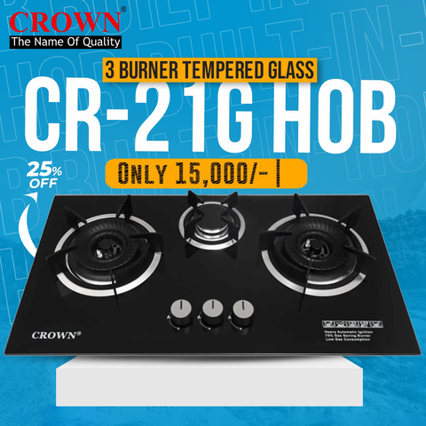 Crown CR-21G Built-In Gas Hob – 2 Burner Tempered Glass Cooktop with Auto Ignition for Modern Kitchens