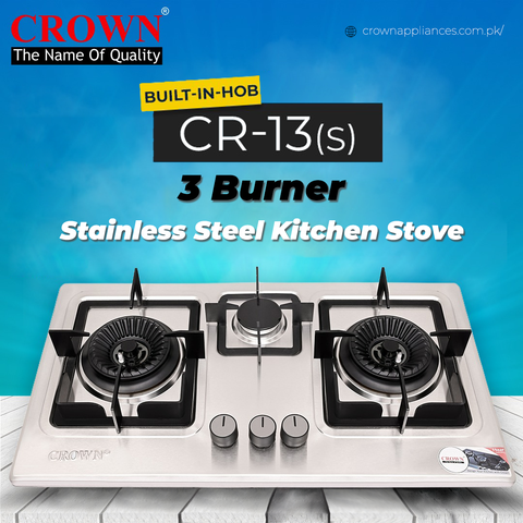 Crown CR-13S Built-In Gas Hob – 3 Burner Stainless Steel Cooktop with Auto Ignition for Modern Kitchens