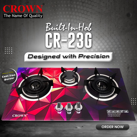 Crown CR-23G Built-In Gas Hob – 2 Burner Glass Cooktop with Auto Ignition