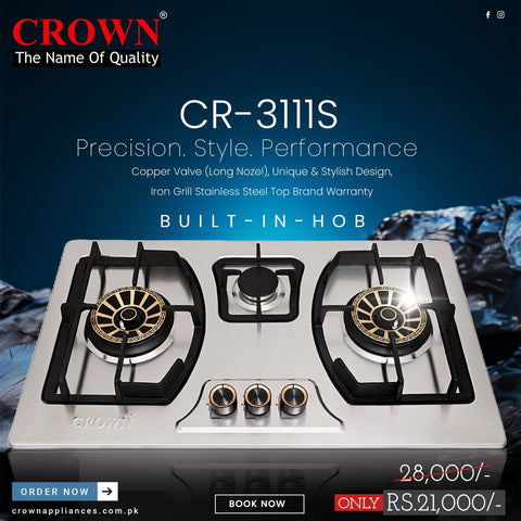 Crown CR-3111S Built-In Gas Hob – 3 Burner Stainless Steel Cooktop with Auto Ignition for Modern Kitchens
