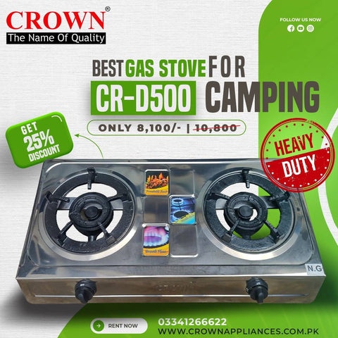 Crown CR-D500 Gas Stove – Dual Burner Portable Gas Cooktop with Stainless Steel Body & Brand Warranty ✅