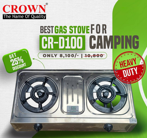 Crown CR-D100 Gas Stove – 2 Burner Portable Gas Cooktop with Durable Design & Brand Warranty ✅