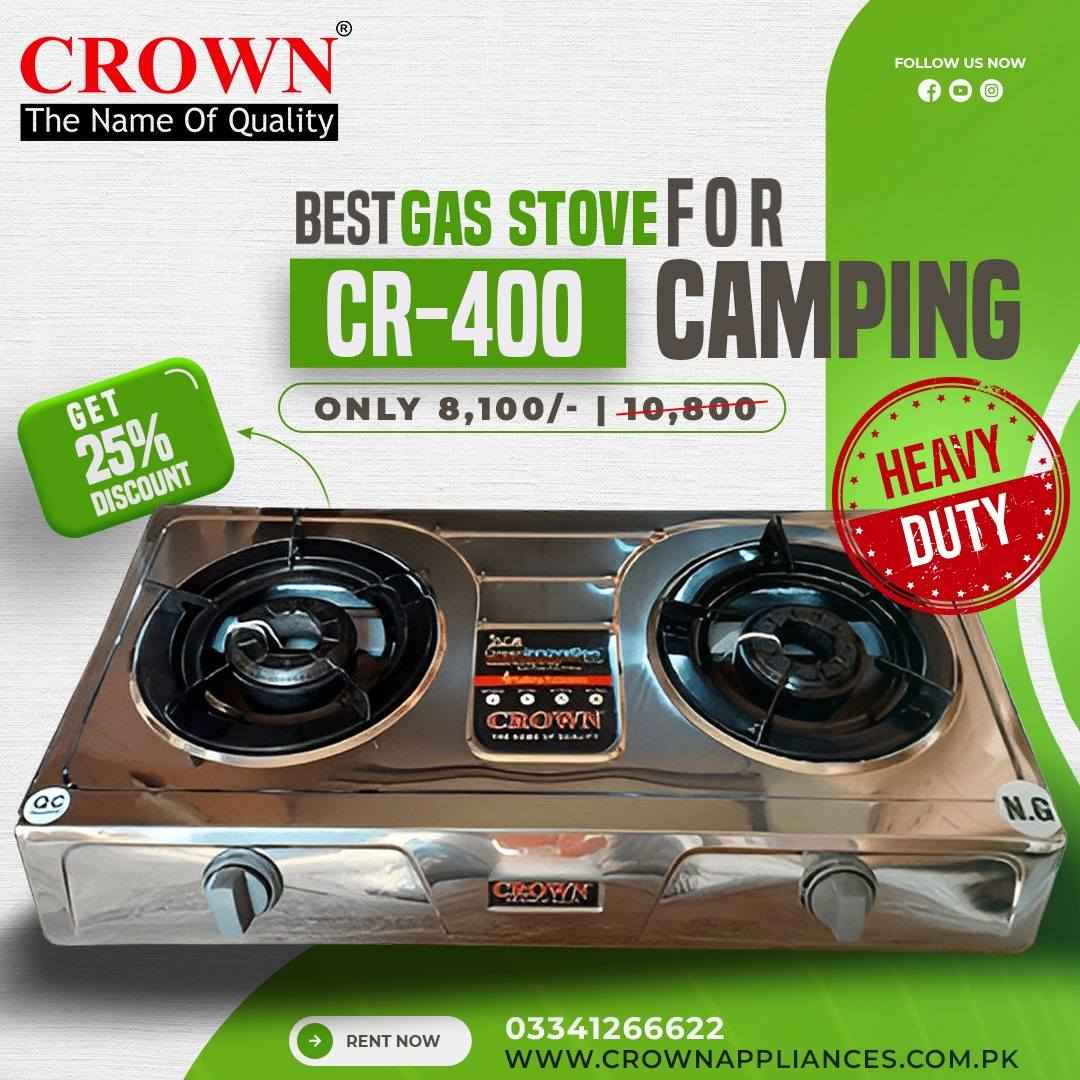 Crown CR-D400 Gas Stove – 2 Burner Portable Gas Cooktop with Stainless Steel Body & Brand Warranty ✅