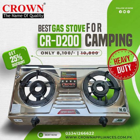 Crown CR-D200 Gas Stove – 3 Burner Portable Gas Cooktop with Heavy-Duty Iron Grill & Brand Warranty ✅