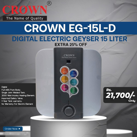 Crown EG-15L(D) Electric Geyser – 15 Litre Digital Water Heater with Imported Italian Element & Full ABS Body
