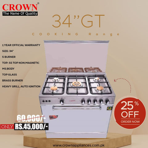 Crown 34-GT Cooking Range – 5 Burner Gas Stove with Oven & Grill for Large Family Cooking