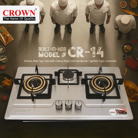 Crown CR-14S Built-In Gas Hob – 4 Burner Stainless Steel Cooktop with Safety Features