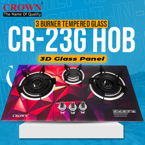 Crown CR-23G Built-In Gas Hob – 2 Burner Glass Cooktop with Auto Ignition