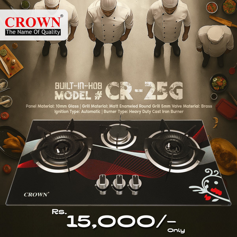 Crown CR-25G Built-In Gas Hob – 2 Burner Tempered Glass Cooktop with Auto Ignition for Compact Kitchens