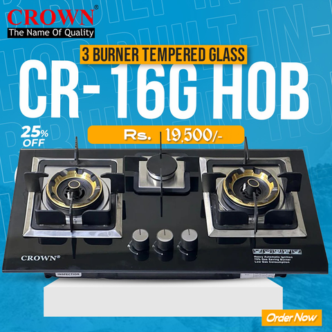 Crown CR-16G Built-In Gas Hob – 3 Burner Tempered Glass Cooktop with Auto Ignition for Modern Kitchens