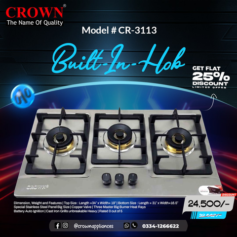 Crown CR-3113 Built-In Gas Hob – 3 Burner Stainless Steel Cooktop with Auto Ignition