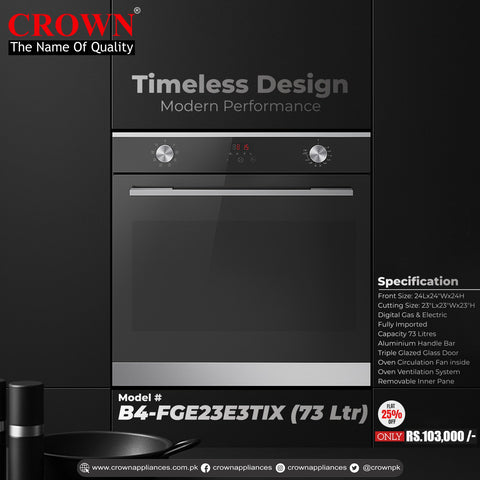 Crown B4-FGE23E3TIX Built-In Oven – 73L Stainless Steel Electric Kitchen Oven with Multi-Function Cooking