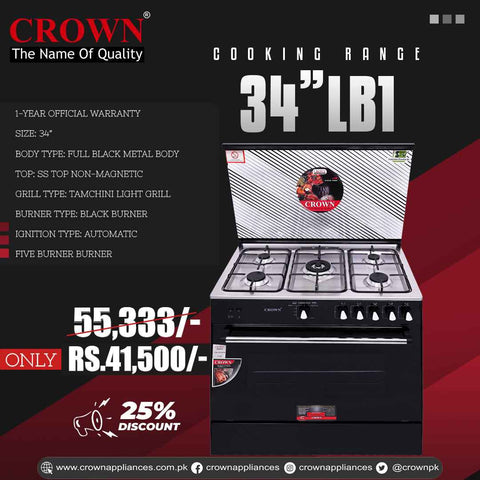 Crown 34-LB1 Cooking Range – 34-Inch 5 Burner LPG Gas Stove with Brass Burners, Stainless Steel Top, Auto Ignition & Non-Magnetic Body ✅