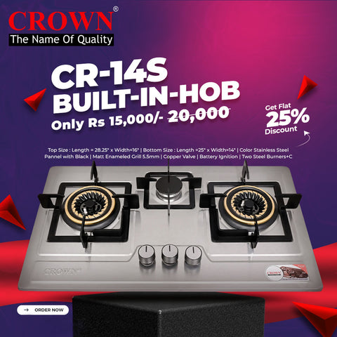 Crown CR-14S Built-In Gas Hob – 4 Burner Stainless Steel Cooktop with Safety Features