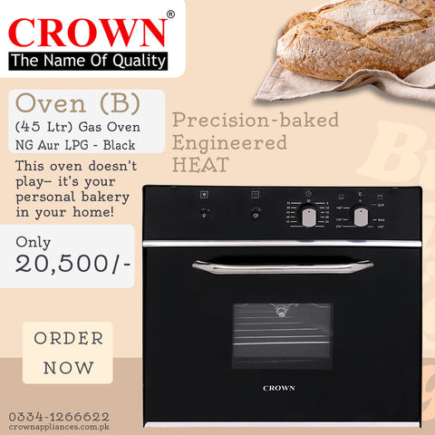 Crown 45L Built-In Gas Oven – Black Kitchen Oven with NG & LPG Compatibility