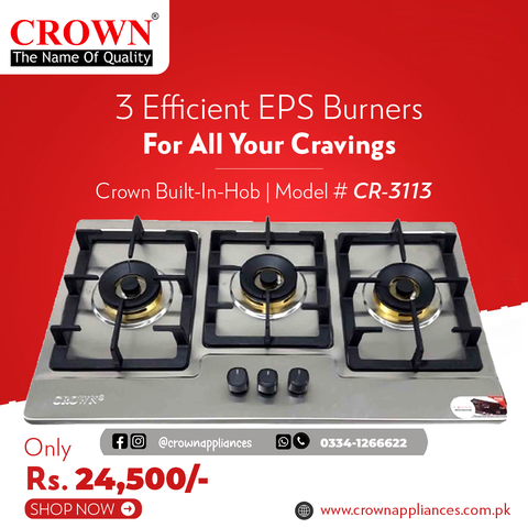Crown CR-3113 Built-In Gas Hob – 3 Burner Stainless Steel Cooktop with Auto Ignition