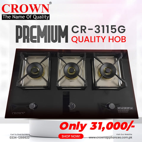 Crown CR-3115G Built-In Gas Hob – 3 Burner Tempered Glass Cooktop with Auto Ignition for Modern Kitchens