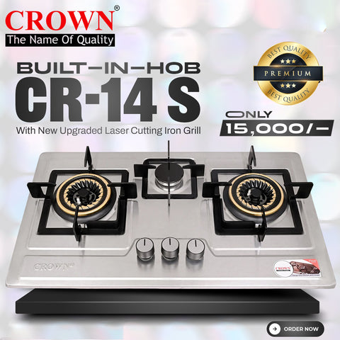 Crown CR-14S Built-In Gas Hob – 4 Burner Stainless Steel Cooktop with Safety Features