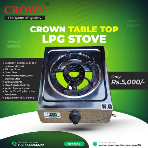 Crown CR-D700 Tabletop LPG Stove – Single Burner Portable Gas Cooktop with Stainless Steel Body & Brand Warranty ✅
