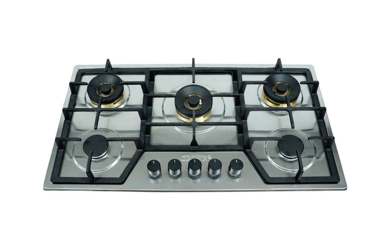 Crown CR-3112 Built-In Gas Hob – 5 Burner Black Stainless Steel Cooktop with Auto Ignition