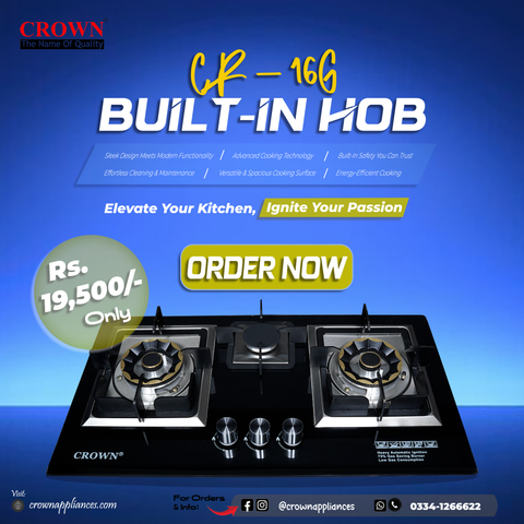 Crown CR-16G Built-In Gas Hob – 3 Burner Tempered Glass Cooktop with Auto Ignition for Modern Kitchens