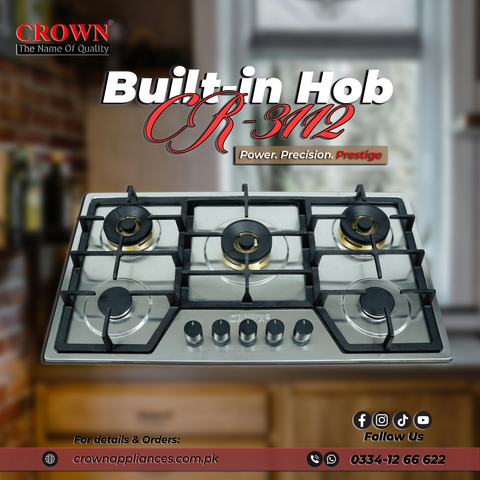 Crown CR-3112 Built-In Gas Hob – 5 Burner Black Stainless Steel Cooktop with Auto Ignition