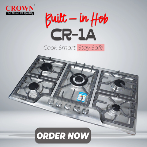 Crown CR-1A Built-In Gas Hob – 5-Burner Compact Stainless Steel Cooktop for Small Kitchens
