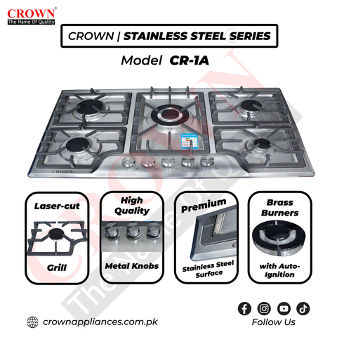 Crown CR-1A Built-In Gas Hob – 5-Burner Compact Stainless Steel Cooktop for Small Kitchens
