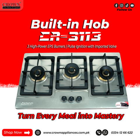 Crown CR-3113 Built-In Gas Hob – 3 Burner Stainless Steel Cooktop with Auto Ignition