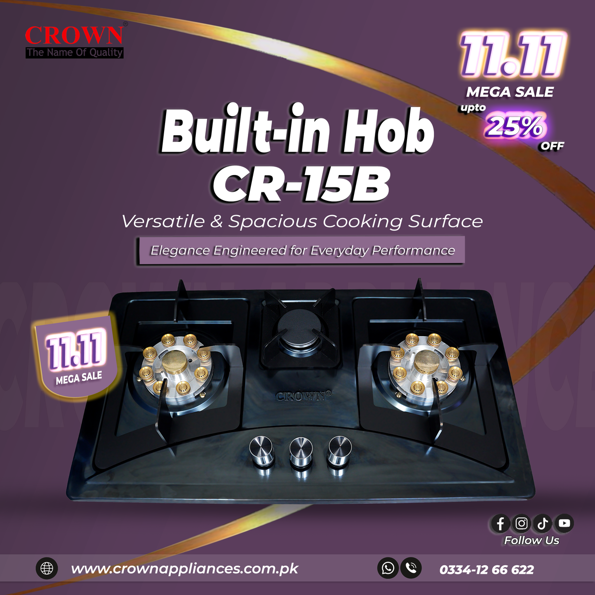 Crown CR-15B Built-In Gas Hob – 3 Burner Stainless Steel Cooktop for Modern Kitchens