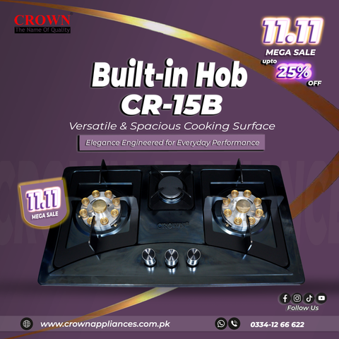Crown CR-15B Built-In Gas Hob – 3 Burner Stainless Steel Cooktop for Modern Kitchens
