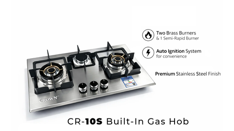 Crown CR-10S Built-In Gas Hob – 3 Burner Stainless Steel Cooktop | Auto Ignition