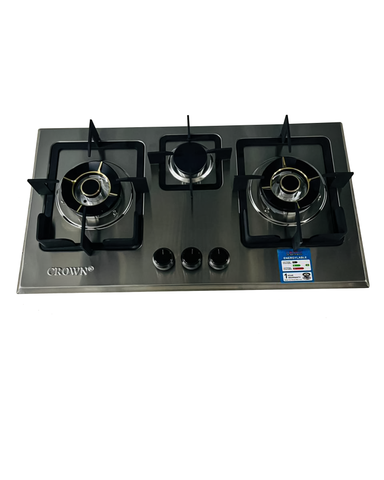 Crown CR-10S Built-In Gas Hob – 3 Burner Stainless Steel Cooktop for Modern Kitchens
