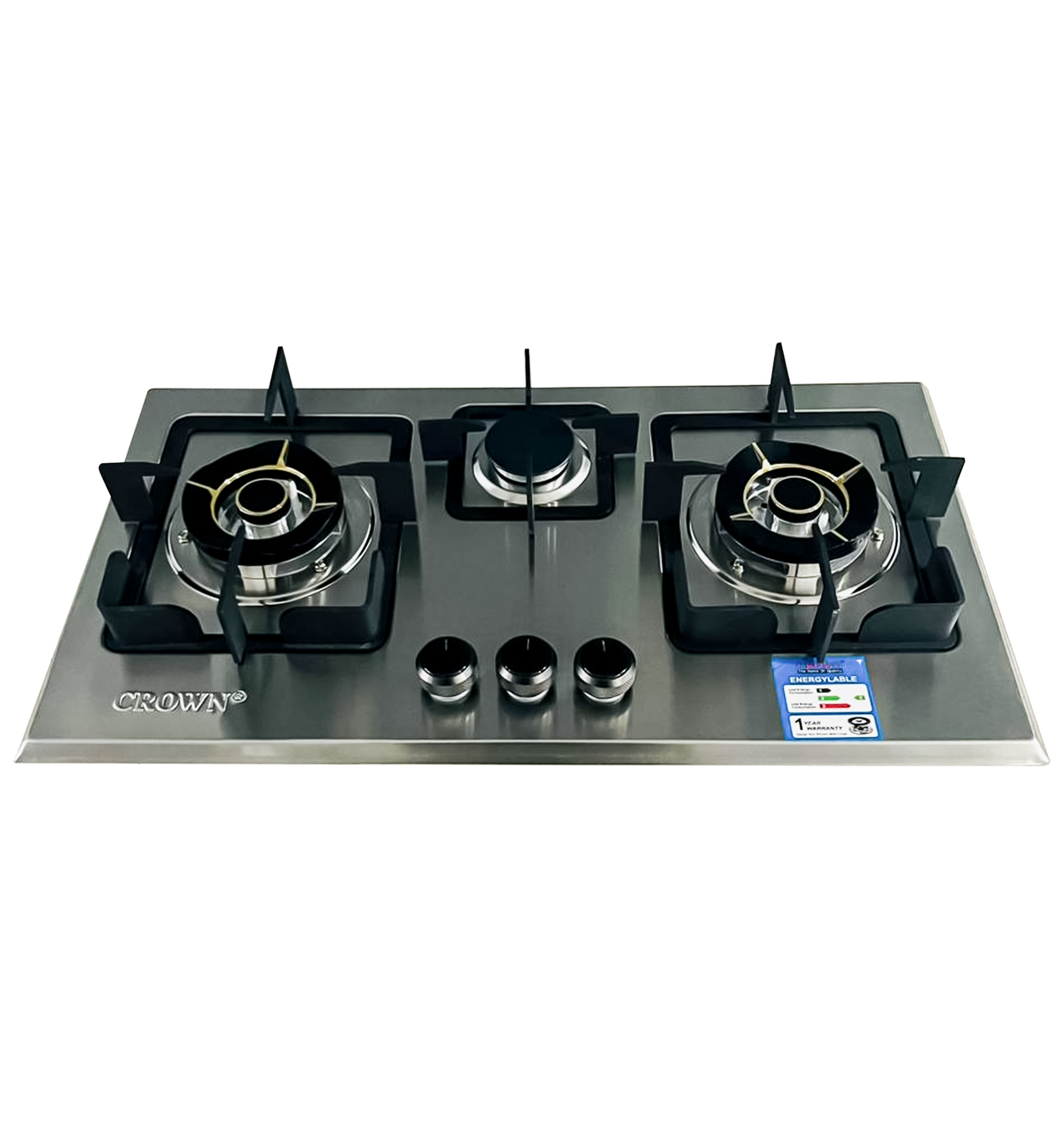 Crown CR-10S Built-In Gas Hob – 3 Burner Stainless Steel Cooktop for Modern Kitchens