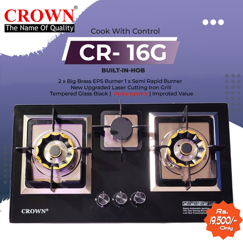 Crown CR-16G Built-In Gas Hob – 3 Burner Tempered Glass Cooktop with Auto Ignition for Modern Kitchens