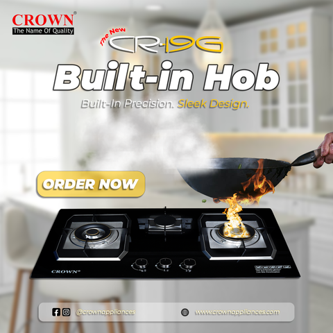 The NEW Crown CR-19G Built-In Gas Hob – 3 Burner Tempered Glass Cooktop with Auto Ignition for Modern Kitchens | 1-Year Brand Warranty