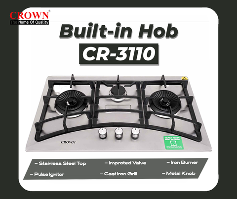 Crown CR-3110 Built-In Gas Hob – 3 Burner Stainless Steel Cooktop with Auto Ignition