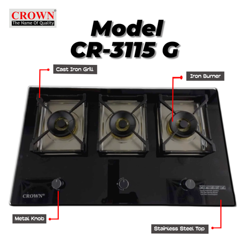 Crown CR-3115G Built-In Gas Hob – 3 Burner Tempered Glass Cooktop with Auto Ignition for Modern Kitchens