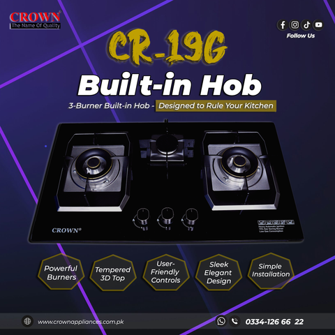 The NEW Crown CR-19G Built-In Gas Hob – 3 Burner Tempered Glass Cooktop with Auto Ignition for Modern Kitchens | 1-Year Brand Warranty