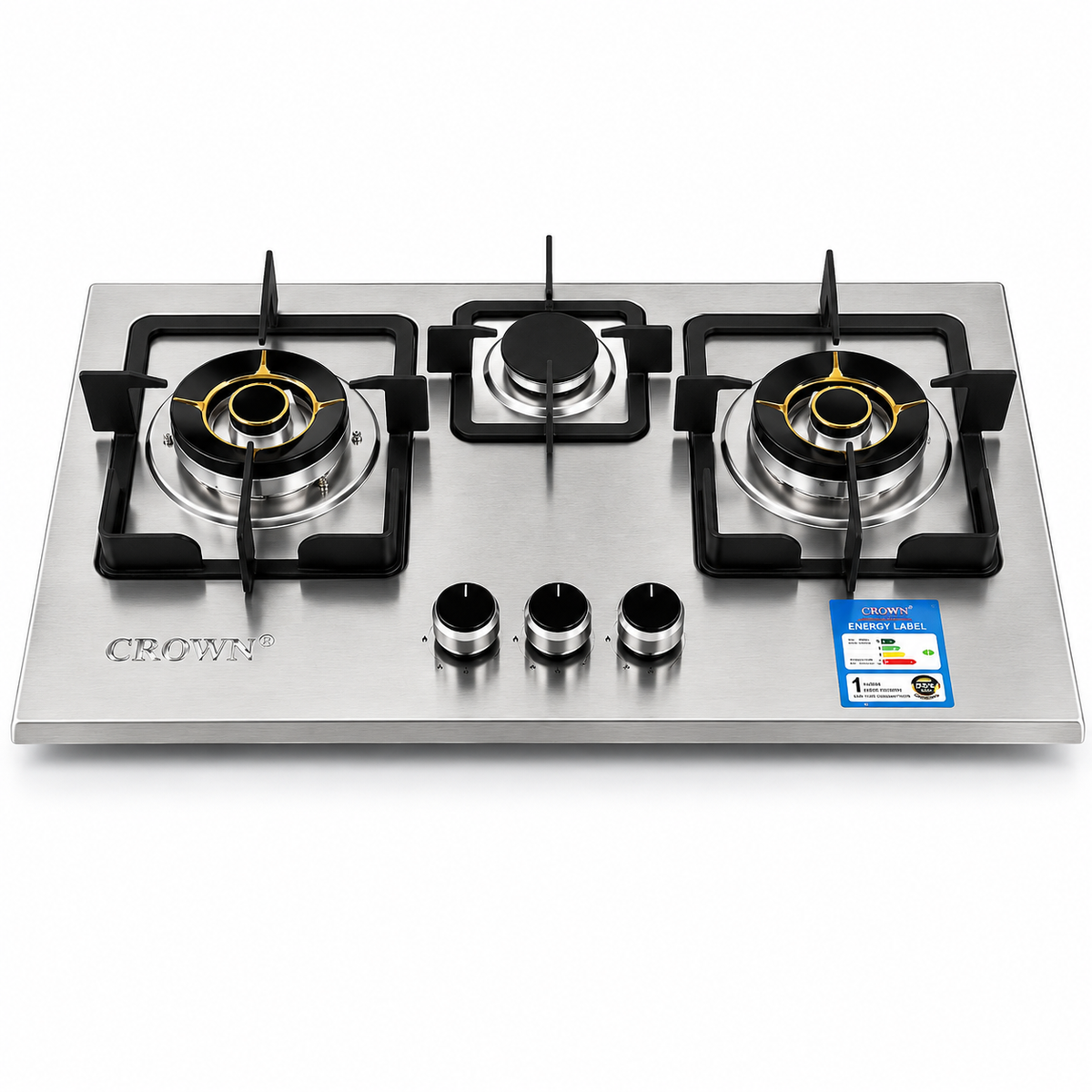 Crown CR-10S Built-In Gas Hob – 3 Burner Stainless Steel Cooktop with Auto Ignition & Official Brand Warranty