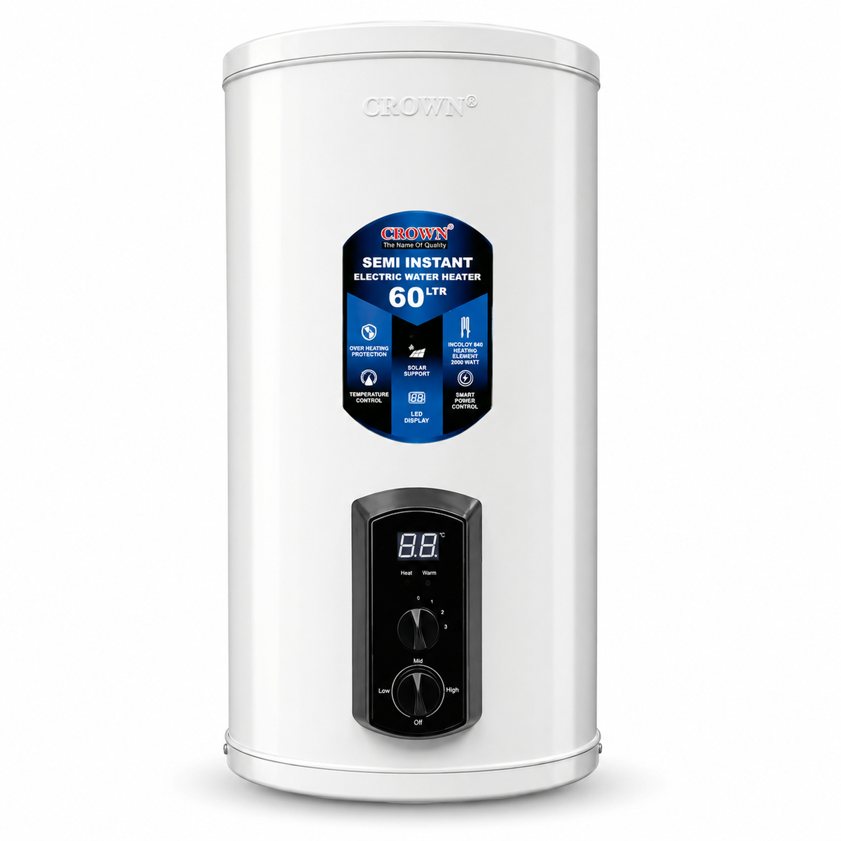 Crown EG-16G 60L Electric Geyser – Solar-Supported Water Heater with Digital Control Panel, Imported Heating Element, Durable ABS Body & Official Brand Warranty