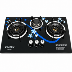 Crown CR-24G Built-In Gas Hob | 3 Burner 3D Glass Cooktop | Copper Valve (Long Nozzle) | Multi-Colour Design | Official Brand Warranty