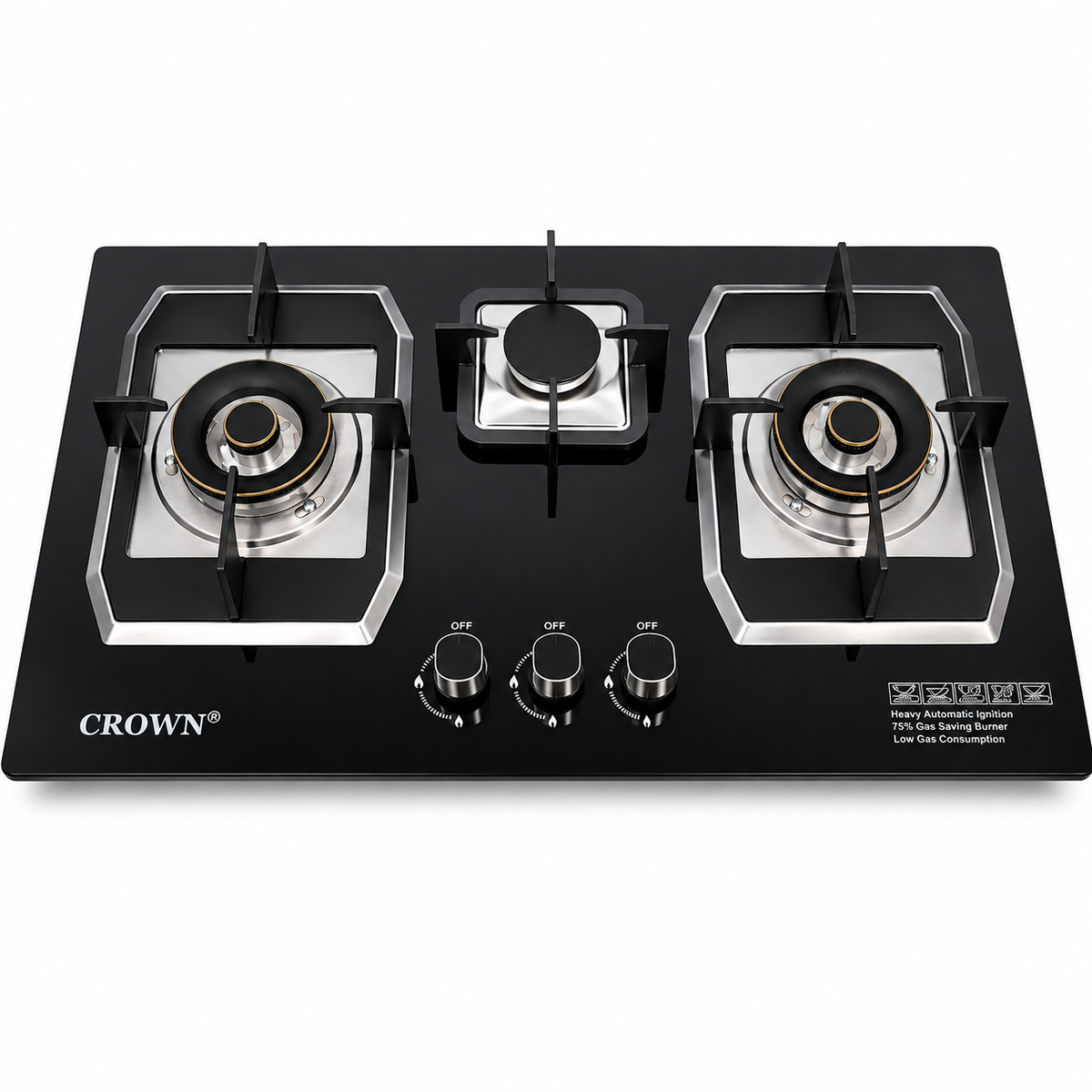 Crown CR-19G Built-In Gas Hob – 3 Burner Tempered Glass Cooktop with Auto Ignition | Official 1 Year Brand Warranty