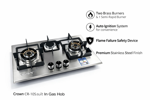Crown CR-10S Built-In Gas Hob – 3 Burner Stainless Steel Cooktop | Auto Ignition